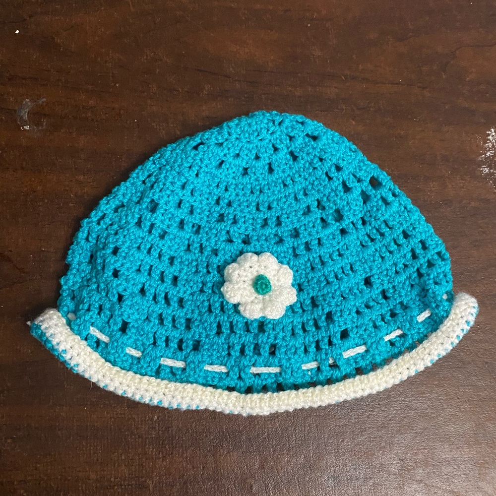 Handmade Crochet Blue Hat with White Flower Accent